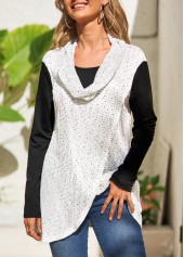 White tops,Contrast Color tops,ROTITA Fake 2in1 White Cowl Neck Long Sleeve Sweatshirt
