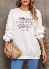 White tops,Other tops,Sun and Moon Print Long Sleeve White Sweatshirt