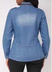 Denim Blue outerwear & coats,Plain Color outerwear & coats,Double Side Pockets Stand Collar Denim Blue Jacket