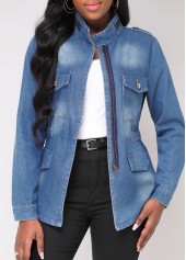 Denim Blue outerwear & coats,Plain Color outerwear & coats,Double Side Pockets Stand Collar Denim Blue Jacket