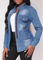 Denim Blue outerwear & coats,Plain Color outerwear & coats,Double Side Pockets Stand Collar Denim Blue Jacket