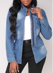 Double Side Pockets Stand Collar Denim Blue Jacket