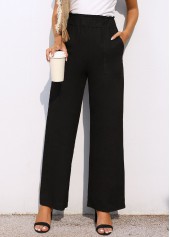 Black bottoms,Plain Color bottoms,Pocket Black Wide Leg Elastic Waist Pants