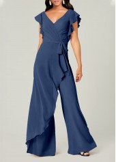 Blue jumpsuits&rompers,Plain Color jumpsuits&rompers,ROTITA Blue V Neck Short Sleeve Jumpsuit