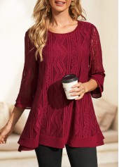 Wine Red tops,Plain Color tops,ROTITA 3/4 Sleeve Wine Red Lace Stitching Blouse
