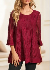 Wine Red tops,Plain Color tops,ROTITA 3/4 Sleeve Wine Red Lace Stitching Blouse