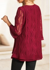 Wine Red tops,Plain Color tops,ROTITA 3/4 Sleeve Wine Red Lace Stitching Blouse