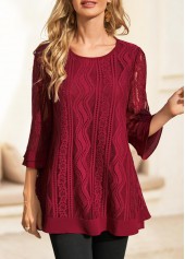 ROTITA 3/4 Sleeve Wine Red Lace Stitching Blouse