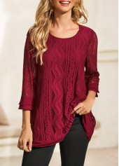 Wine Red tops,Plain Color tops,ROTITA 3/4 Sleeve Wine Red Lace Stitching Blouse