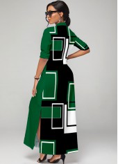 Green dresses,Geometric dresses,ROTITA Green Geometric Print Button Up Split Neck Dress
