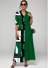 ROTITA Green Geometric Print Button Up Split Neck Dress