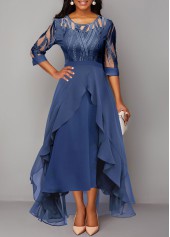Blue dresses,Plain Color dresses,ROTITA Blue Mesh Stitching Sequin High Low Dress