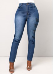 Denim Blue bottoms,Animal Print bottoms,Double Side Pockets Butterfly Print Denim Blue Jeans