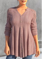 Dusty Pink tops,Plain Color tops,ROTITA Lace Patchwork Dusty Pink Split Neck Blouse