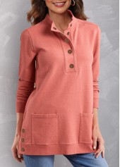 ROTITA Coral Red Quarter Button Double Side Pockets Sweatshirt