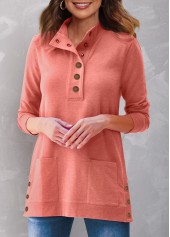 Coral tops,Plain Color tops,ROTITA Coral Red Quarter Button Double Side Pockets Sweatshirt