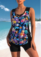 Black swimwear,Plants swimwear,ROTITA Floral Print Cross Strap Black Tankini Set