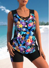 Rotita-Tankini-Set mit Blumenmuster und überkreuzten Trägern in Schwarz