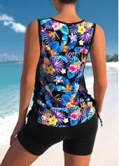 Black swimwear,Plants swimwear,ROTITA Floral Print Cross Strap Black Tankini Set