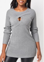 Light Grey Marl tops,Plain Color tops,ROTITA Cable Light Grey Marl Round Neck Sweater