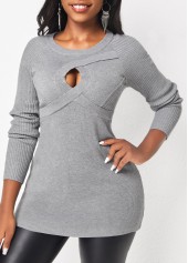 Light Grey Marl tops,Plain Color tops,ROTITA Cable Light Grey Marl Round Neck Sweater