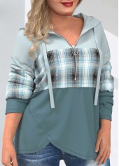 Multi Color plus size,Plaid plus size,ROTITA Multi Color Drawstring Plus Size Tartan Print Hoodie