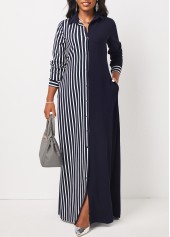 ROTITA Pocket Striped Navy H Shape Maxi Dress