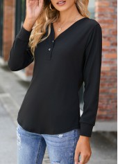 Black tops,Plain Color tops,Button Black V Neck Long Sleeve T Shirt