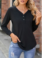 Black tops,Plain Color tops,Button Black V Neck Long Sleeve T Shirt