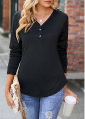 Button Black V Neck Long Sleeve T Shirt