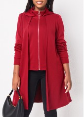 Deep Red tops,Plain Color tops,ROTITA Zipper Deep Red Long Sleeve Hoodie