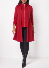 Deep Red tops,Plain Color tops,ROTITA Zipper Deep Red Long Sleeve Hoodie