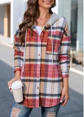 Multi Color outerwear & coats,Plaid outerwear & coats,Geometric outerwear & coats,ROTITA Button Plaid Multi Color Hooded Long Sleeve Coat