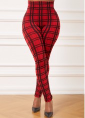 Red bottoms,Plaid bottoms,Plaid Red High Waisted Elastic Waist Leggings