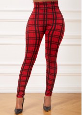 Red bottoms,Plaid bottoms,Plaid Red High Waisted Elastic Waist Leggings