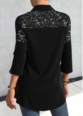 Black tops,Plain Color tops,ROTITA Black Sequin Shirt Collar Roll Tab Sleeve Blouse