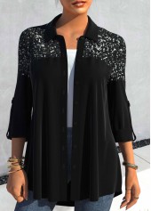 ROTITA Black Sequin Shirt Collar Roll Tab Sleeve Blouse