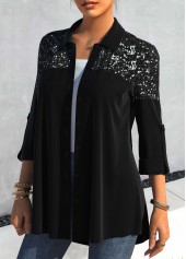 Black tops,Plain Color tops,ROTITA Black Sequin Shirt Collar Roll Tab Sleeve Blouse