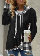 Black tops,Plaid tops,ROTITA Long Sleeve Black Asymmetric Hem Sweatshirt