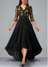 ROTITA Black Floral Lace Patchwork High Low Dress