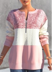 ROTITA Contrast Color Light Pink Round Neck Sweatshirt