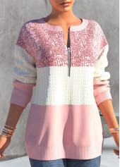 Light Pink tops,Contrast Color tops,ROTITA Contrast Color Light Pink Round Neck Sweatshirt