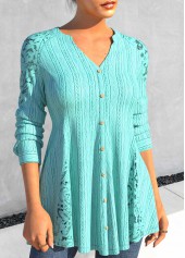 Cyan tops,Plain Color tops,ROTITA Green V Neck Long Sleeve Blouse