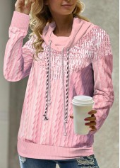 Pink tops,Plain Color tops,ROTITA Pink Cowl Neck Long Sleeve Sweatshirt