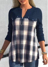 Denim Blue plus size,Plaid plus size,ROTITA Plus Size Denim Blue Tartan Print Blouse