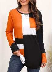 Orange Round Neck Long Sleeve T Shirt