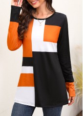Orange tops,Contrast Color tops,Orange Round Neck Long Sleeve T Shirt