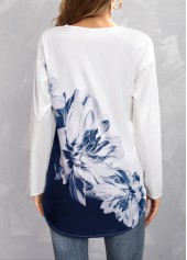 Navy tops,Floral tops,Floral Print Navy V Neck Long Sleeve Blouse