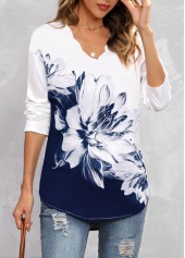 Navy tops,Floral tops,Floral Print Navy V Neck Long Sleeve Blouse