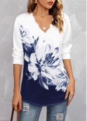 Navy tops,Floral tops,Floral Print Navy V Neck Long Sleeve Blouse